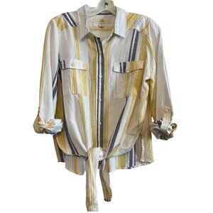 Thread Supply Yellow & Black Tie Front Roll Button Sleeve Casual Size Medium